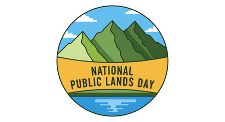 Illustrated emblem for National Public Lands Day featuring a scenic mountain landscape and lake.