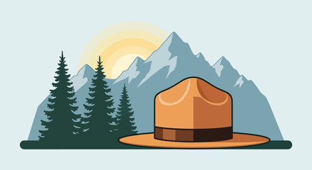 A ranger hat sits in front of a mountain landscape, suggesting a national park or wilderness area.