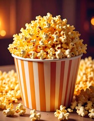 Popcorn in a striped paper container