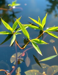 Obraz premium Vibrant green bamboo leaves gently float on calm, clear water, sunlight illuminating their fresh texture, plant, natural, sunlight