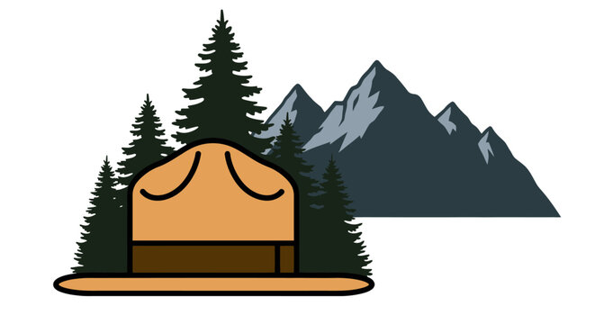 A ranger's hat stands in front of a dense forest with rugged mountain peaks in the background, evoking a sense of nature and outdoor adventure. - Powered by Adobe
