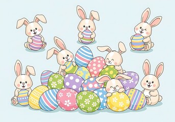 Easter Bunnies with Colorful Eggs.