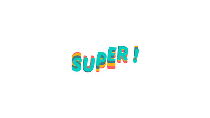 Colorful wavy text SUPER! with a retro 3D effect. Multicolored typography for creative projects. Image with a transparent background for easy overlay and graphic design use.