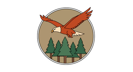 A majestic bald eagle soars over a lush green pine forest within a circular emblem.