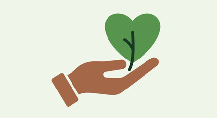 A brown hand gently holds a green, heart-shaped tree, symbolizing love for nature, sustainability, and environmental protection.
