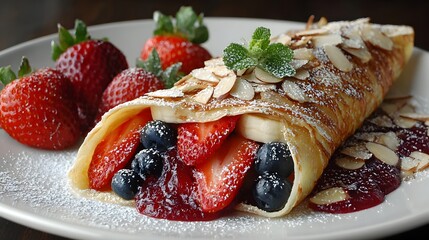 Delicious crepe filled with fresh strawberries, blueberries, bananas, and almond slices with mint garnish.