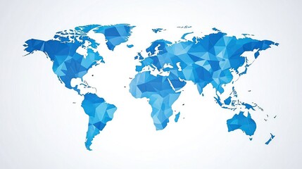 Obraz premium A geometric world map illustration in shades of blue, composed of polygonal shapes on a white background.