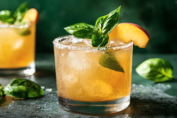 Basil-peach shrub in hand-blown glass tumbler with crushed ice