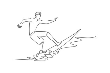 Continuous one line drawing male surfer athlete in action on the waves. Symbolizing athletic power, control, rewarding feeling of mastering ocean. Single line draw design vector graphic illustration