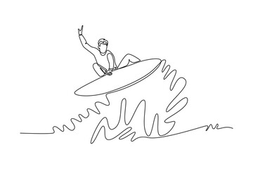 Continuous one line drawing male surfer athlete in action on large waves, with victory gesture. Control, athletic skill, powerful motion of ocean. Single line draw design vector graphic illustration
