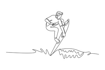 Continuous one line drawing male surfer in action on large wave, with one hand on the board. Control, athletic skill, powerful motion of the ocean. Single line draw design vector graphic illustration