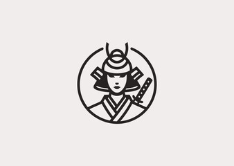 A samurai woman line style logo, representing honor, strength, and warrior spirit with feminine grace