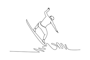 Fototapeta premium Continuous one line drawing back view of male surfer athlete in action on the waves. Representing balance, concentration, and thrilling lifestyle. Single line draw design vector graphic illustration