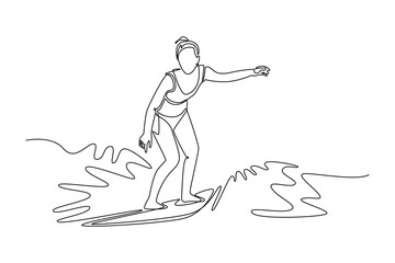 Single continuous line drawing beauty female surfer athlete on the wave with elegant poise. Athletic skill, freedom, and powerful motion of the ocean. One line draw graphic design vector illustration