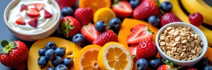 Obraz premium A vibrant and healthy breakfast spread featuring fresh fruits, yogurt, and granola, freshness, granola