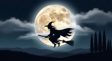 Silhouette witch flying broomstick full moon night Halloween