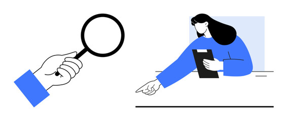 Woman holding a clipboard and pointing, paired with a magnifying glass highlighting evaluation, discovery, learning, analysis, planning, teamwork, investigation. Ideal for simple landing page