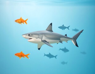 Fototapeta premium A lone shark swims amidst smaller fish, two goldfish stand out prominently.
