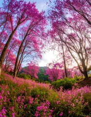 Lush, vibrant pink blossoms fill a forest valley