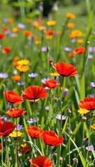 Vibrant red poppies bloom in a sun-drenched summer meadow, swaying gently in the breeze, a picturesque scene of wildflowers and green grass, beauty, natural