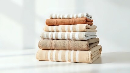 Neutral Elegance: Stacked Striped and Solid Towels in Soft Earthy Tones