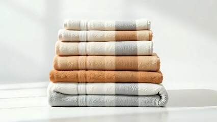 Serene Stack: Neatly Folded Towels in Warm Neutral Colors and Subtle StripesSerene Stack: Neatly Folded Towels in Warm Neutral Colors and Subtle Stripes