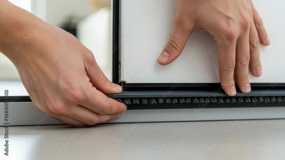 Poster Hands inspecting and adjusting a weatherproof door sweep component designed to block drafts and keep outdoor elements out.