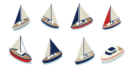 Isometric sailboat collection: diverse yacht designs on white background