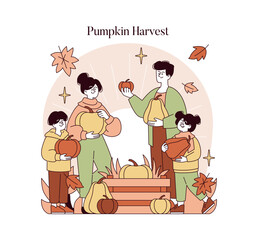 Family Enjoying Pumpkin Harvest in Autumn Vector Illustration
