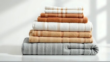 Modern Simplicity: Organized Pile of Soft Towels in Earthy and Pastel Hues