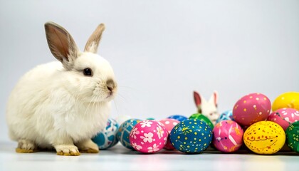 Fluffy white rabbit by colorful Easter eggs