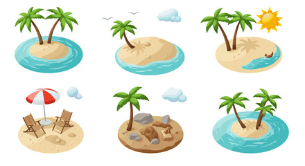 Tropical island paradise set with palm trees, sun, and beach elements in isometric style