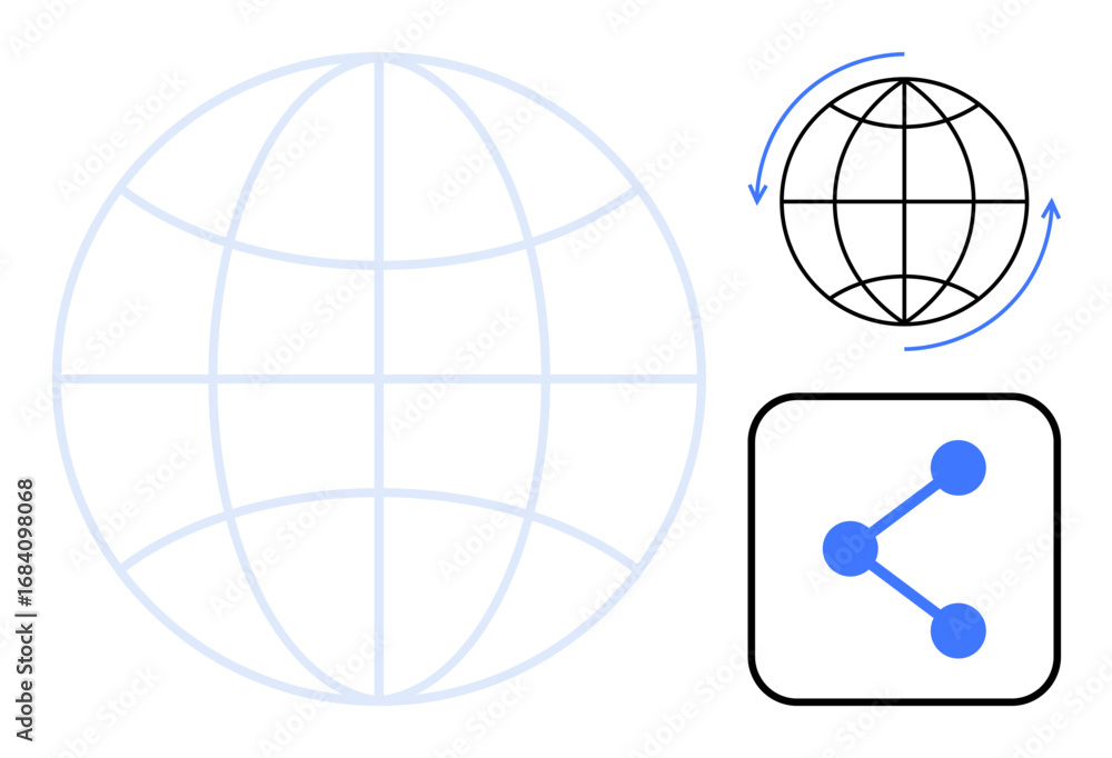 Poster globe grid with rotation arrows, and sharing icon with interconnected nodes. ideal for technology, c