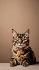 Fototapeta premium A tabby cat, with striking patterns and captivating eyes, sits attentively in a neutral brown setting.