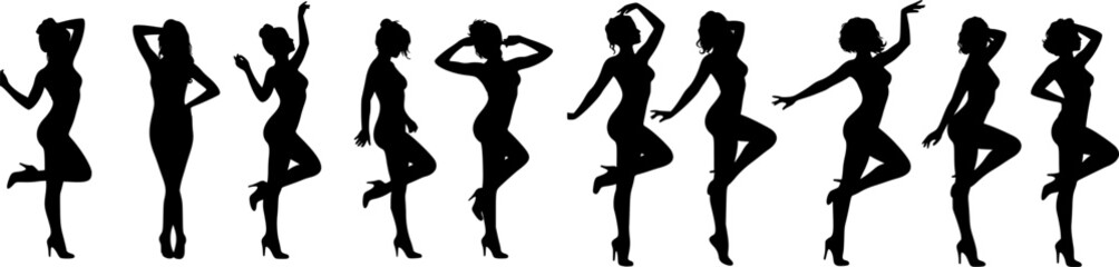 vector set of Black profile of slim woman body isolated on white background.
