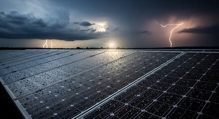 Solar panels during thunderstorm with lightning rain dark clouds