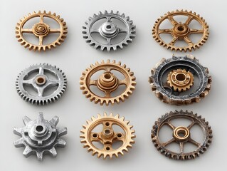 Nine metallic gears and cogs of different sizes and colors are arranged neatly on a plain neutral surface.