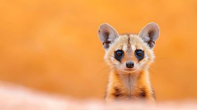 Close up portrait of a fennec fox with large ears against an orange background