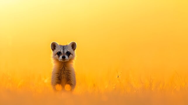 Adorable fennec fox cub stands in golden sunset light