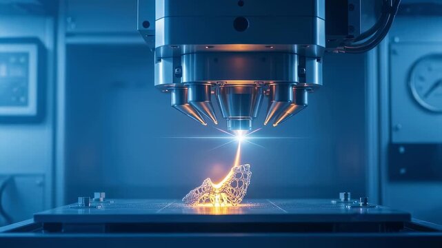 Detailed image of laser sintering head depositing molten titanium powder to form medical implants layer by layer in controlled atmosphere chamber.