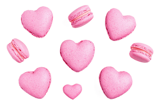 Pink Heart and Round Macarons Pattern Isolated on White Transparent Background