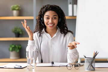 Positive teacher, tutor makes online call for remote lesson, training, virtual webinar, covid-19....