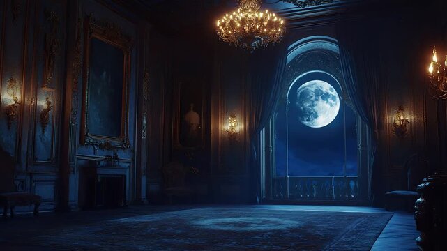 Luxurious mansion room illuminated by full moonlight shining through large window at night
