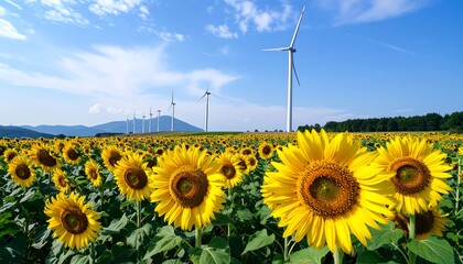 Sunflowers and wind turbines on a bright, sunny day