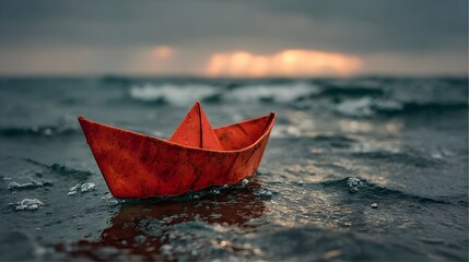 Fototapeta premium A vibrant red paper boat peacefully sails on the wavy ocean surface du a dramatic and cloudy sunset.