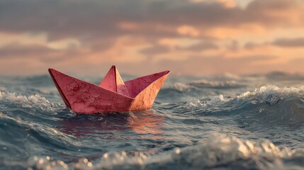 Obraz premium A small red paper boat navigates stormy ocean waves du a colorful sunset, representing challenge and hope.