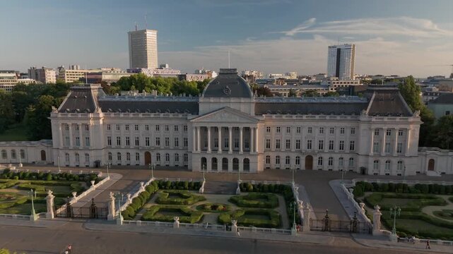 Belgium Brussels Royal Palace Drone backwards sunset
