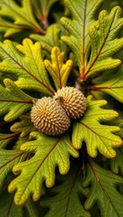 Fototapeta premium Close-up of acorns nestled amongst vibrant green oak leaves, foliage, nut, environment