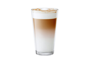 Layered Latte Macchiato with Caramel in Tall Glass, isolated on white transparent background