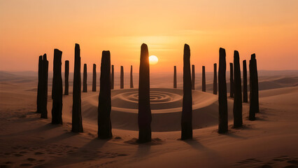 Spiral Formation of Tall Slender Standing Stones in Desert Silhouetted Against Gradient Sunset